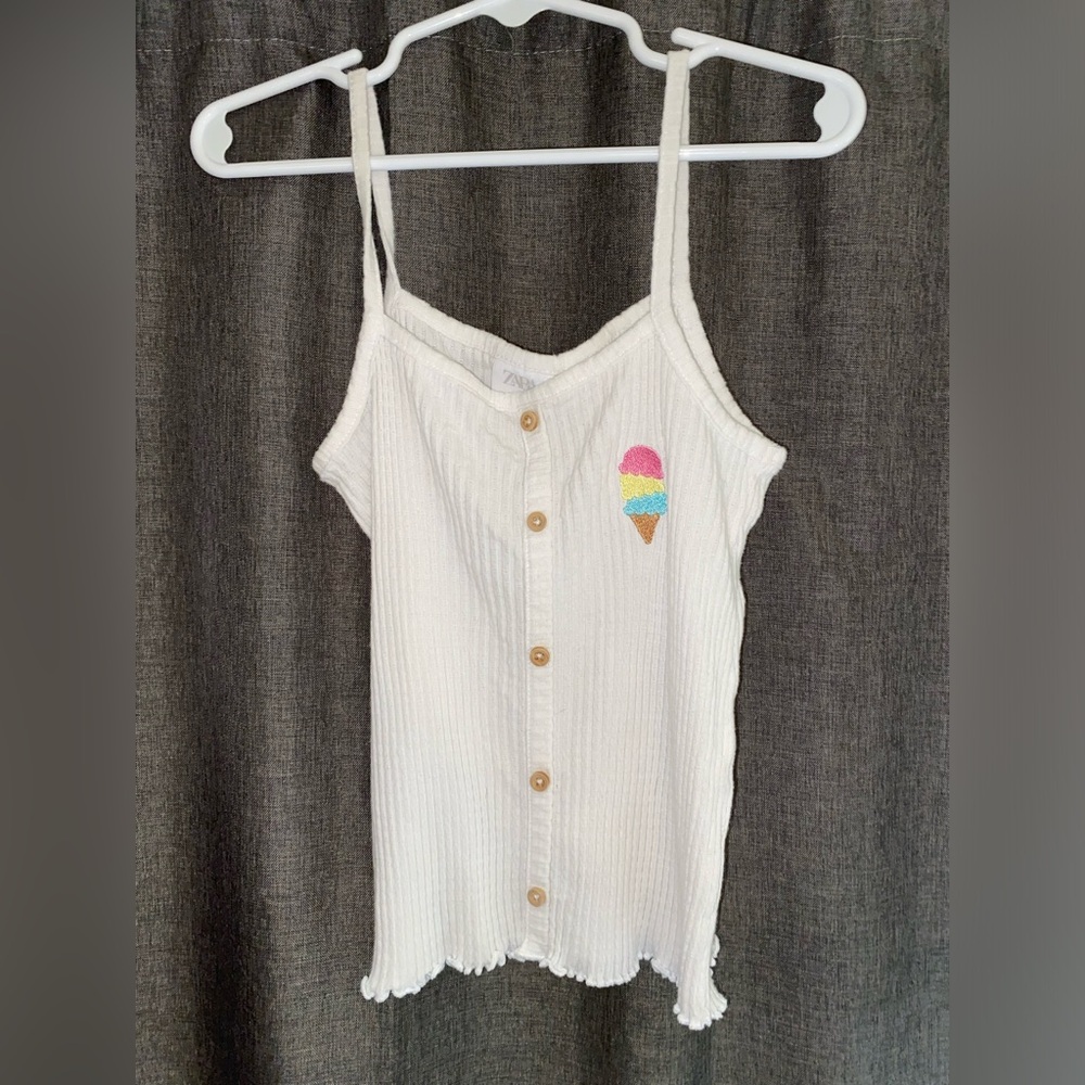 Zara White Ribbed Tank with Ice Cream Embroidery